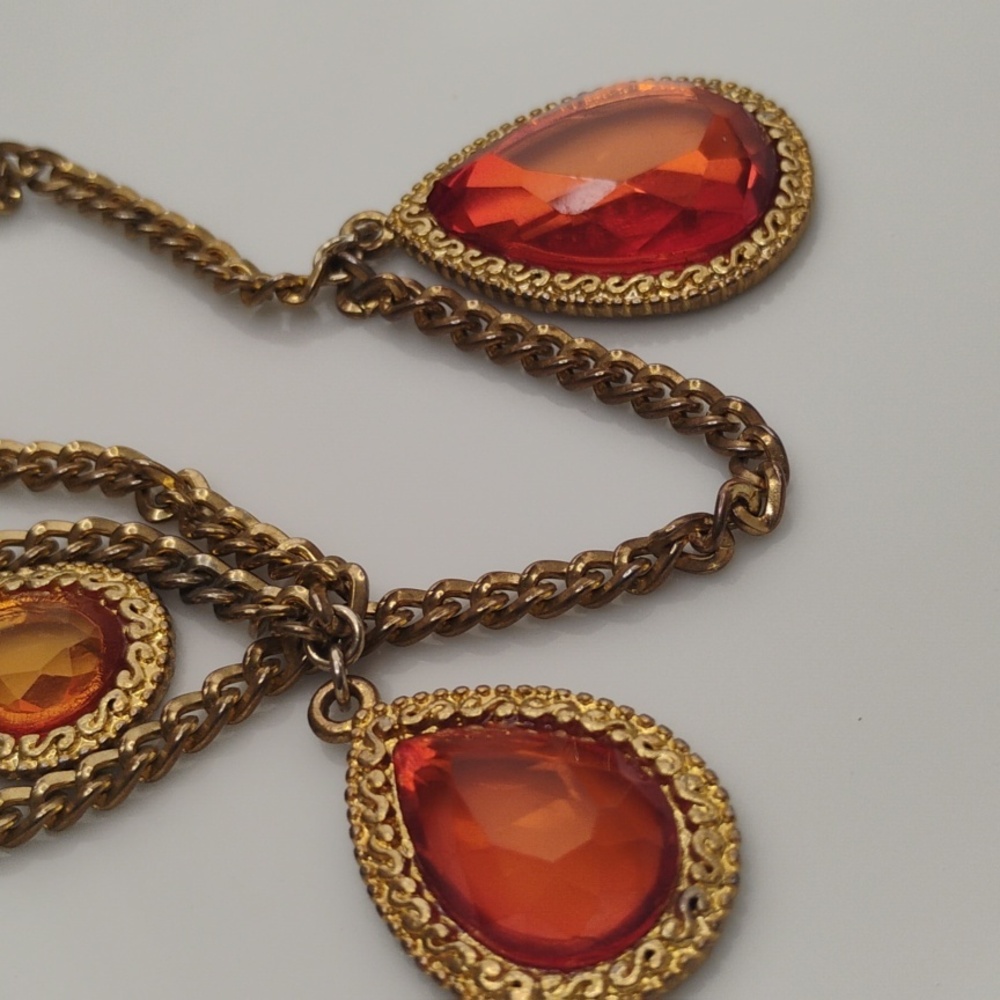 Whimsical Gold tone and Orange Layered Necklace Acrylic Gems - Picture 2 of 9